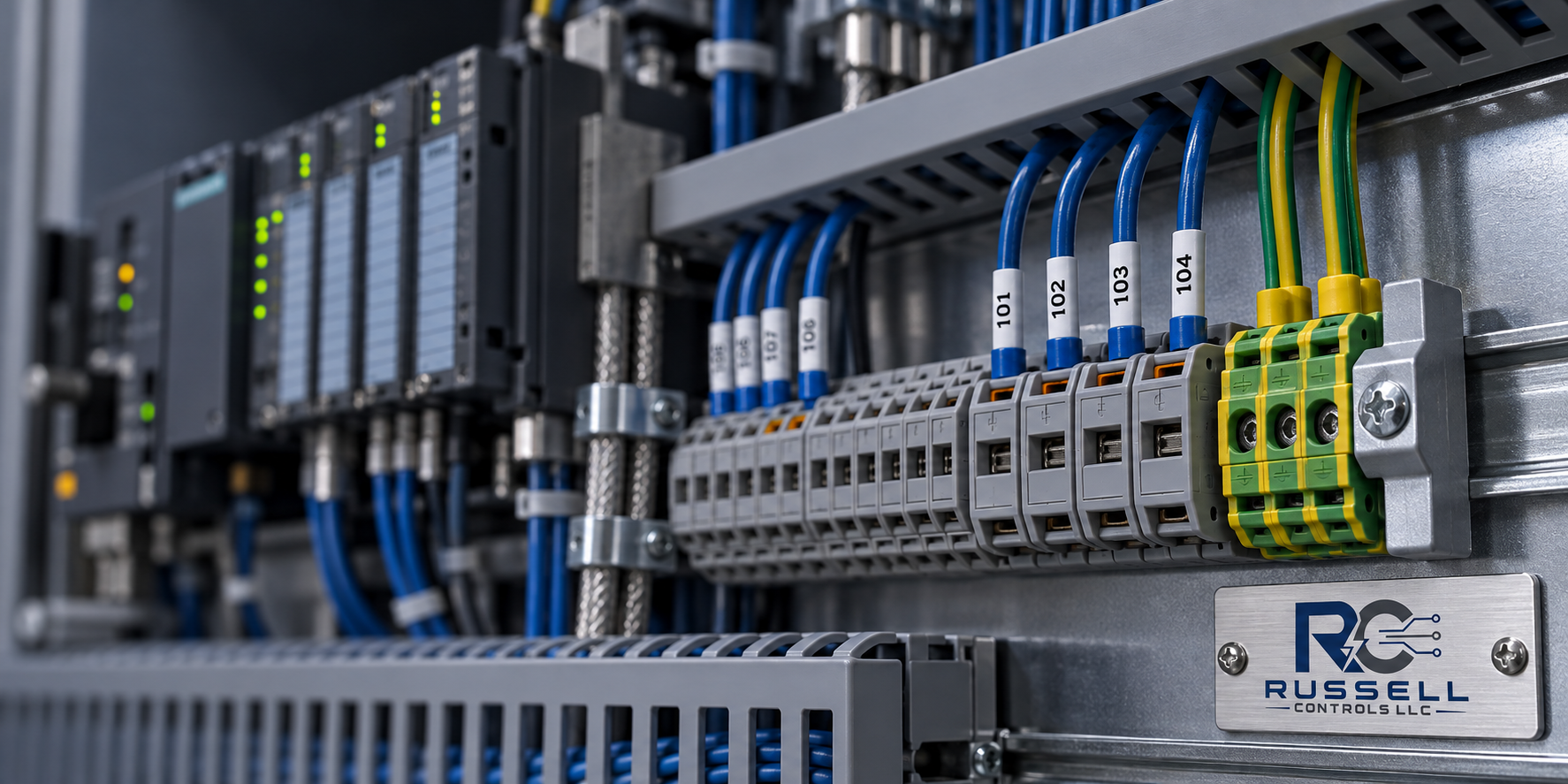 Assembled control cabinet — PLC rack, labeled wiring, and terminal blocks