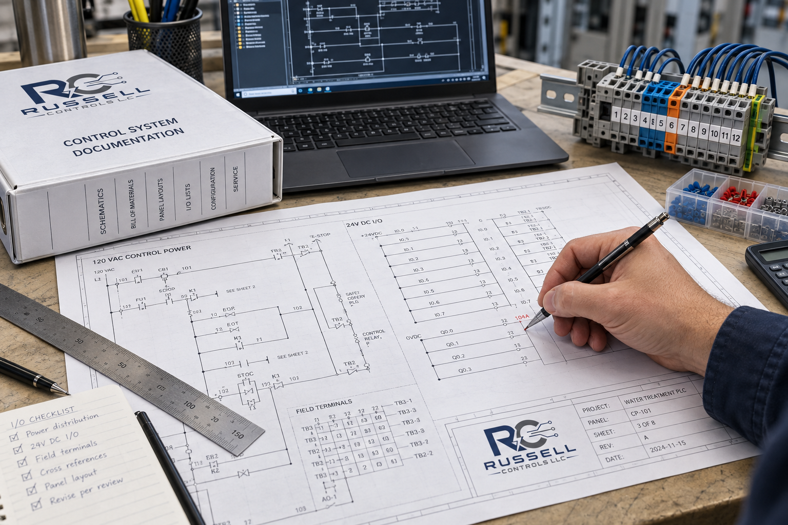 Control-system documentation binder, ladder-logic schematic, and terminal blocks on a design desk