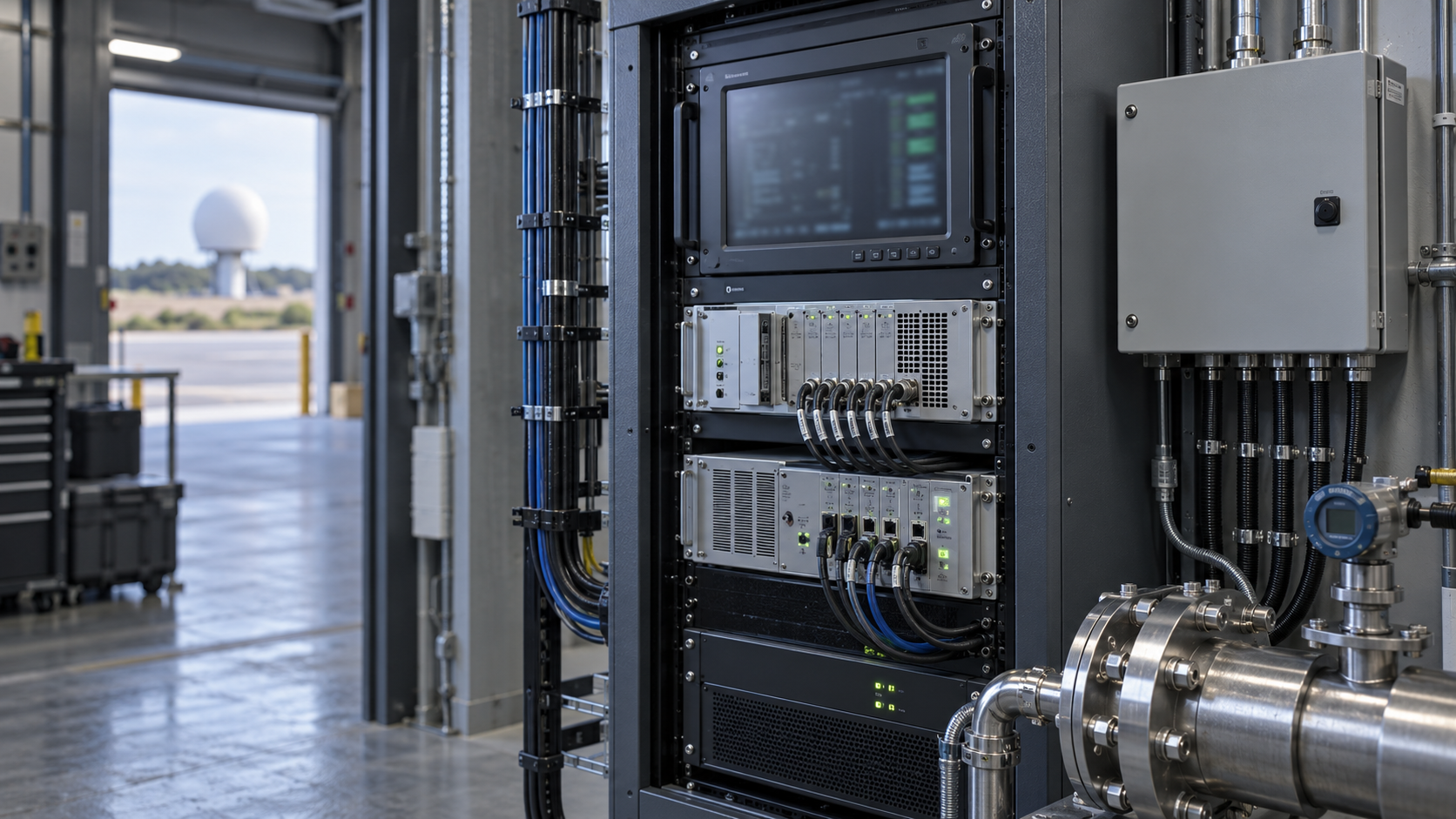 Rack-mounted controller and HMI installed at a facility, antenna radome outside