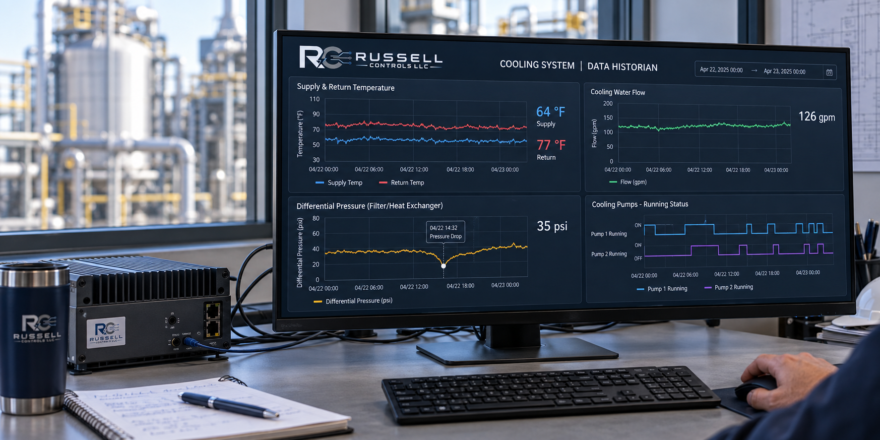 Cooling-system data-historian dashboard — temperature, flow, differential-pressure, and pump-status trends