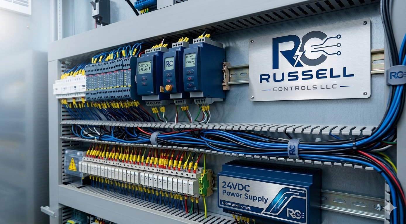 Russell Controls control cabinet with branded placard, power supplies, and terminal blocks
