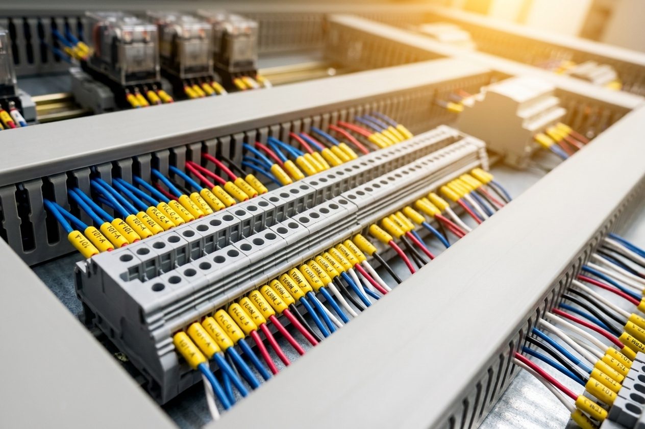Close-up of professionally wired terminal blocks
