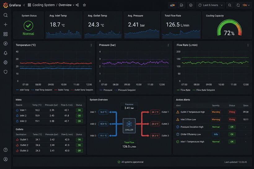 Grafana dashboard displaying time-series equipment data